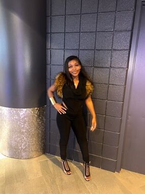 Women's Black Jumpsuit with Faux Fur Collar